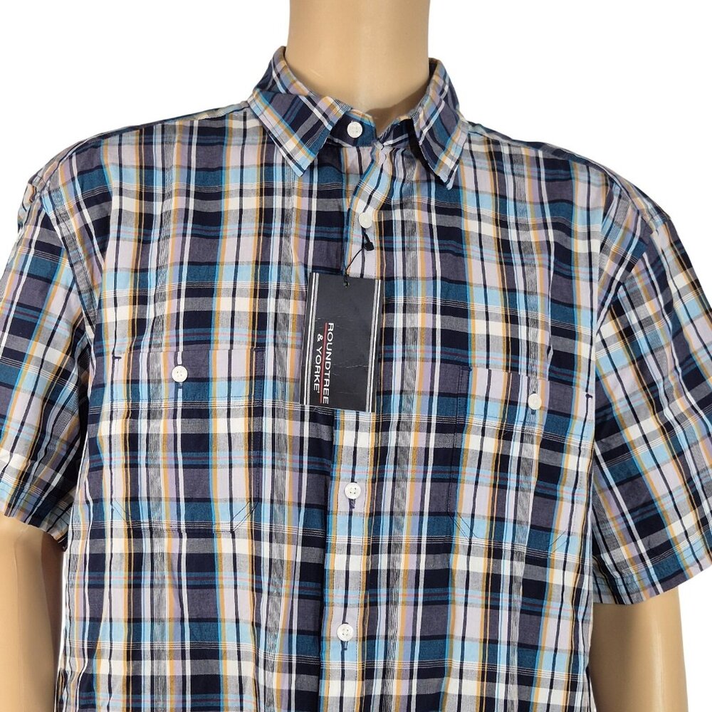 Roundtree Yorke Men's Size XL Short Sleeve Button Up Deep Blue Plaid Shirt (12) - Picture 1 of 10